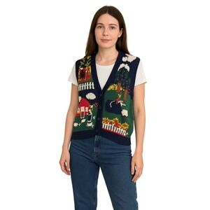 Vtg PGalli Farm Scene Sweater Vest Knit Ramie Cotton M Cottagecore Sunflowers